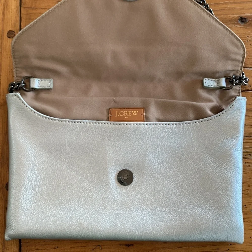 J. Crew Envelope Clutch Bag Convertible Shoulder Chain Silver Metallic Leather